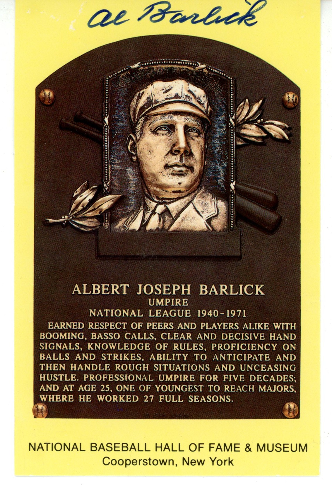 Albert Barlick Autographed/Signed MLB Umpire Hall of Fame Postcard Beckett 56073