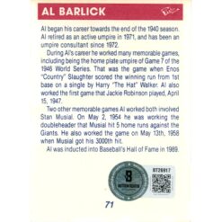 Al Barlick Autographed/Signed MLB 1990 TM Umpires #71 Trading Card Beckett 57815