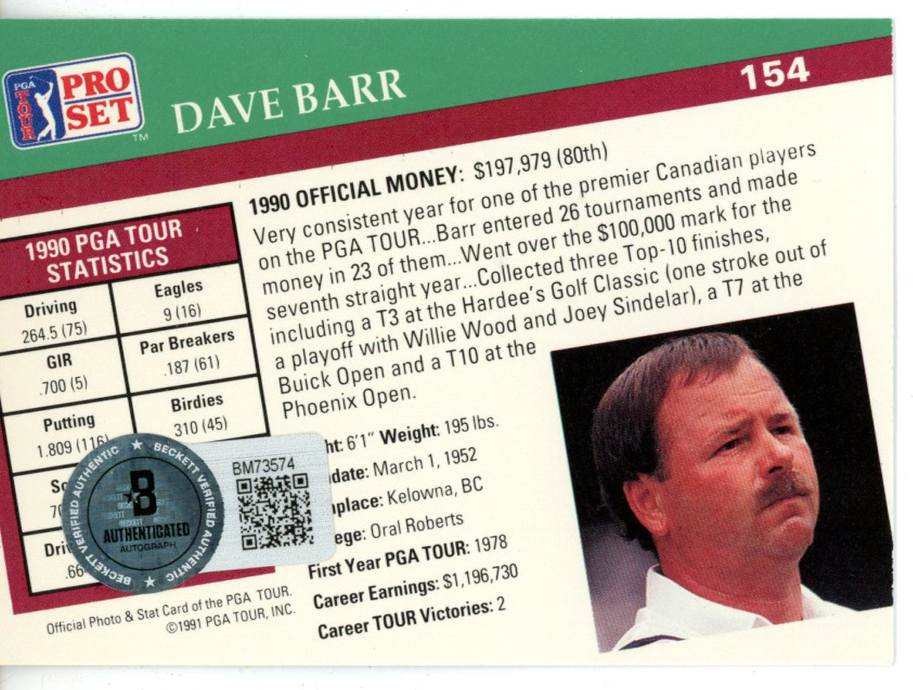 Dave Barr Autographed 1991 Pro Set #154 Trading Card Beckett 44832