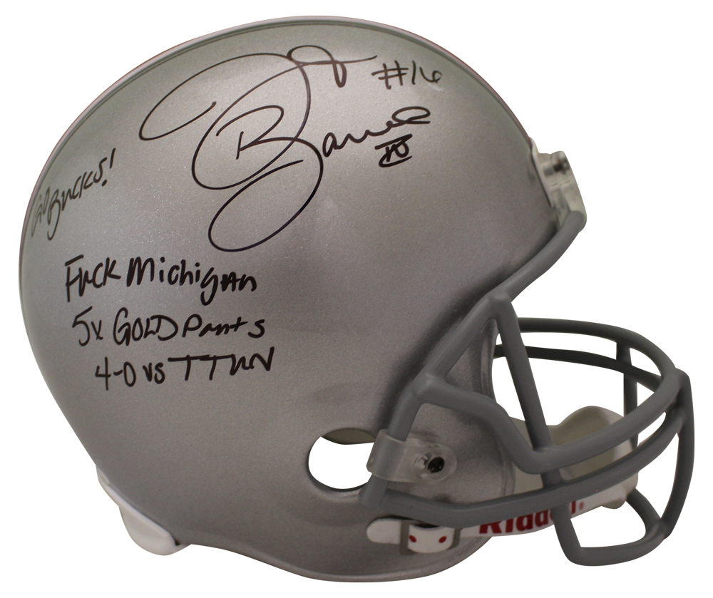 JT Barrett Autographed/Signed Ohio State Buckeyes F/S Helmet 4 Insc JSA