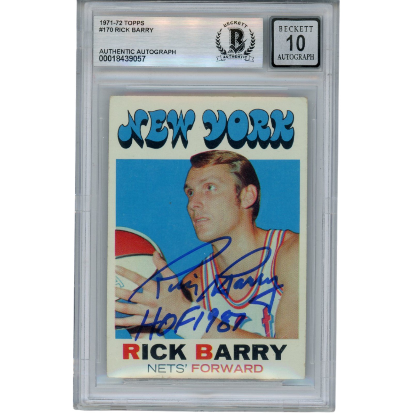 Rick Barry Autographed 1971 Topps #170 HOF 87 Card 10 Auto Slab Beckett 51912