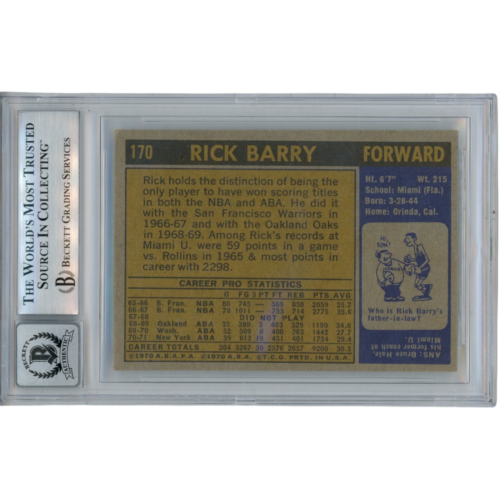 Rick Barry Autographed 1971 Topps #170 HOF 87 Card 10 Auto Slab Beckett 51912 2 Rick Barry Autographed 1971 Topps #170 HOF 87 Card 10 Auto Slab Beckett 51912