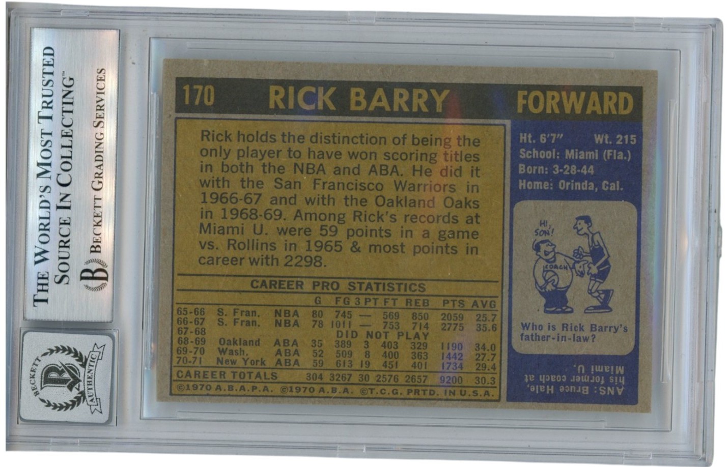 Rick Barry Autographed 1971 Topps #170 HOF 87 Card 10 Auto Slab Beckett 51926 2 Rick Barry Autographed 1971 Topps #170 HOF 87 Card 10 Auto Slab Beckett 51926