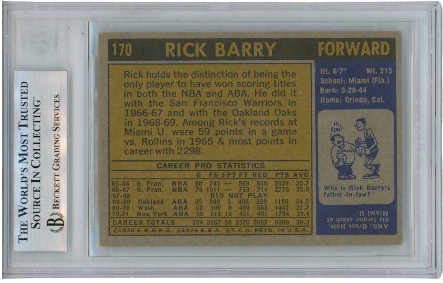 Rick Barry Autographed 1971 Topps #170 HOF 87 Trading Card Slab Beckett 51928 2 Rick Barry Autographed 1971 Topps #170 HOF 87 Trading Card Slab Beckett 51928