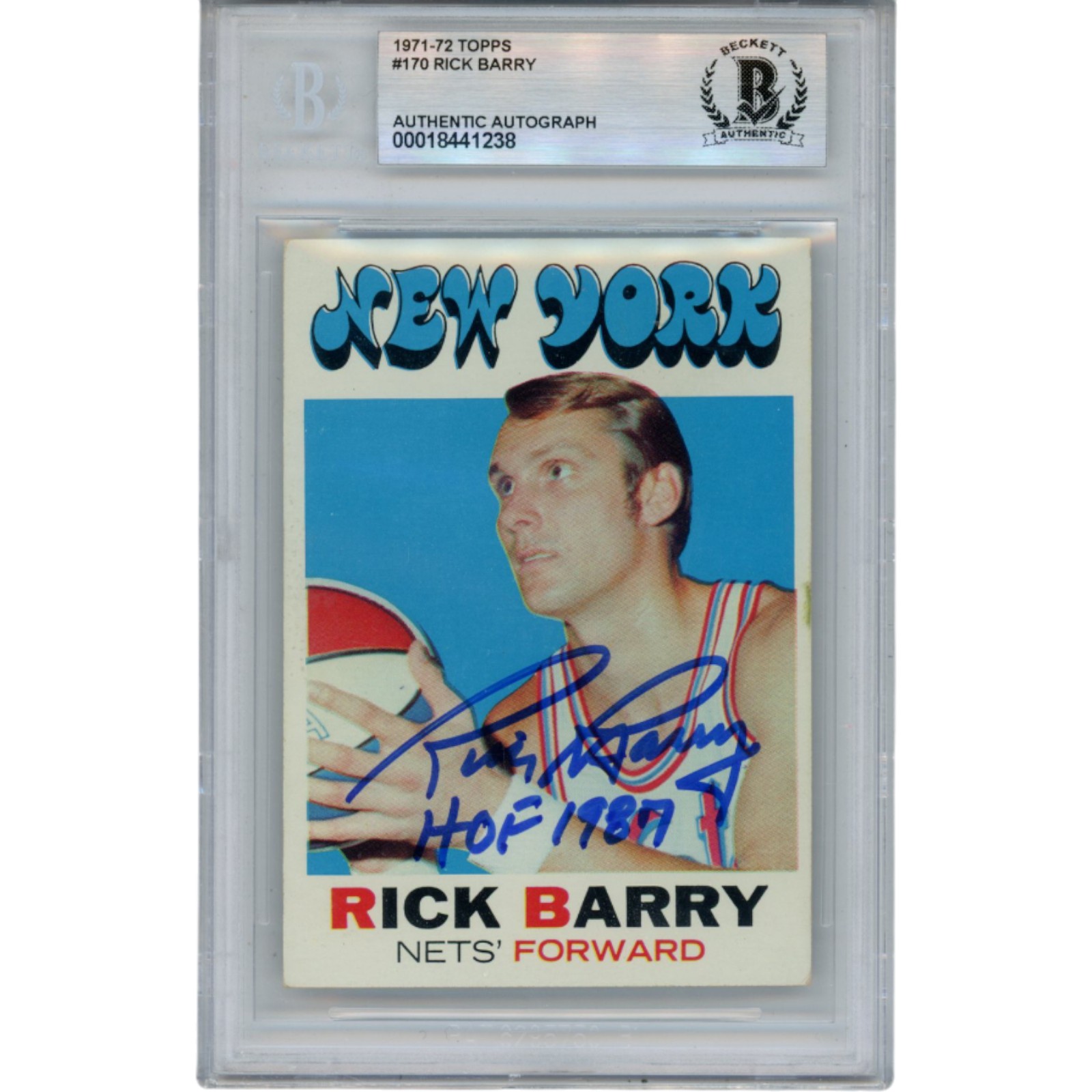 Rick Barry Autographed 1971 Topps #170 HOF 87 Trading Card Slab Beckett 51934