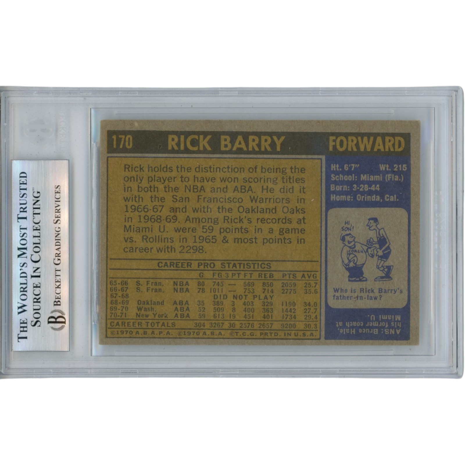 Rick Barry Autographed 1971 Topps #170 HOF 87 Trading Card Slab Beckett 51934 2 Rick Barry Autographed 1971 Topps #170 HOF 87 Trading Card Slab Beckett 51934
