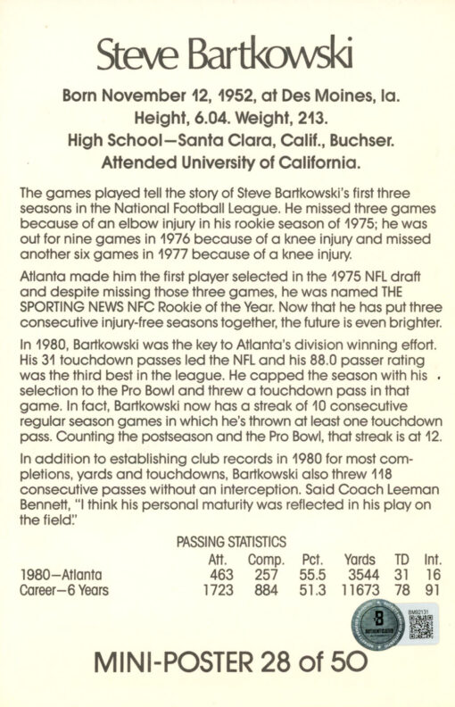 Steve Bartkowski Signed Atlanta Falcons Mini Poster 28/50 BAS 46110