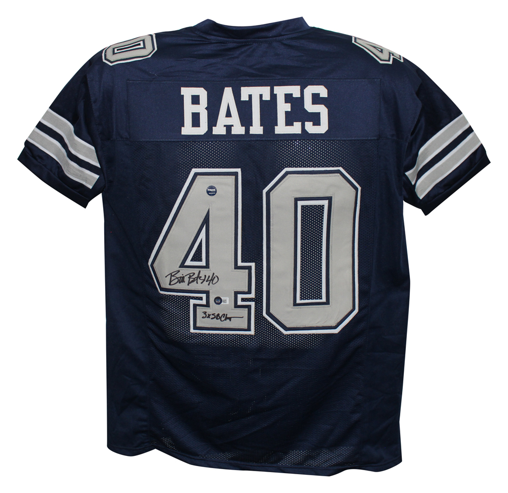 Bill Bates Autographed/Signed Pro Style Blue XL Jersey 3x Champs Beckett