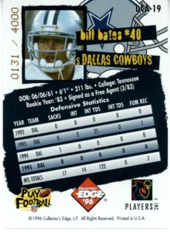 Bill Bates Autographed Dallas Cowboys 1996 Collector's Edge #DCA-19 Card 55981