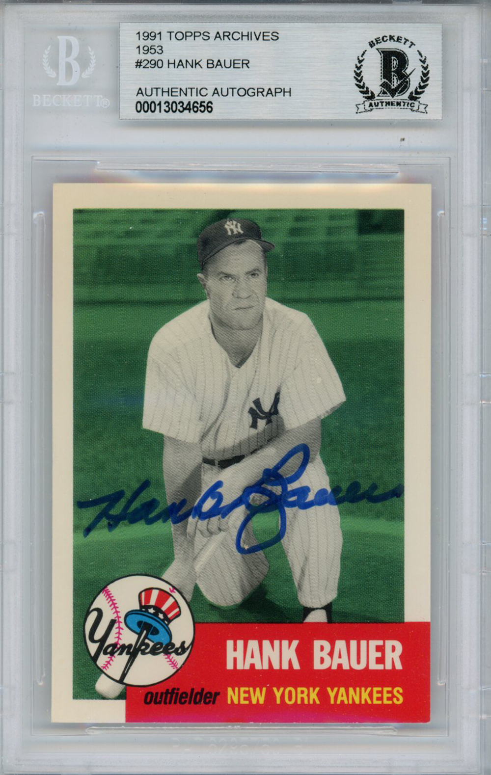 Hank Bauer Autographed 1991 Topps Archives 1953 #290 Card Beckett Slab