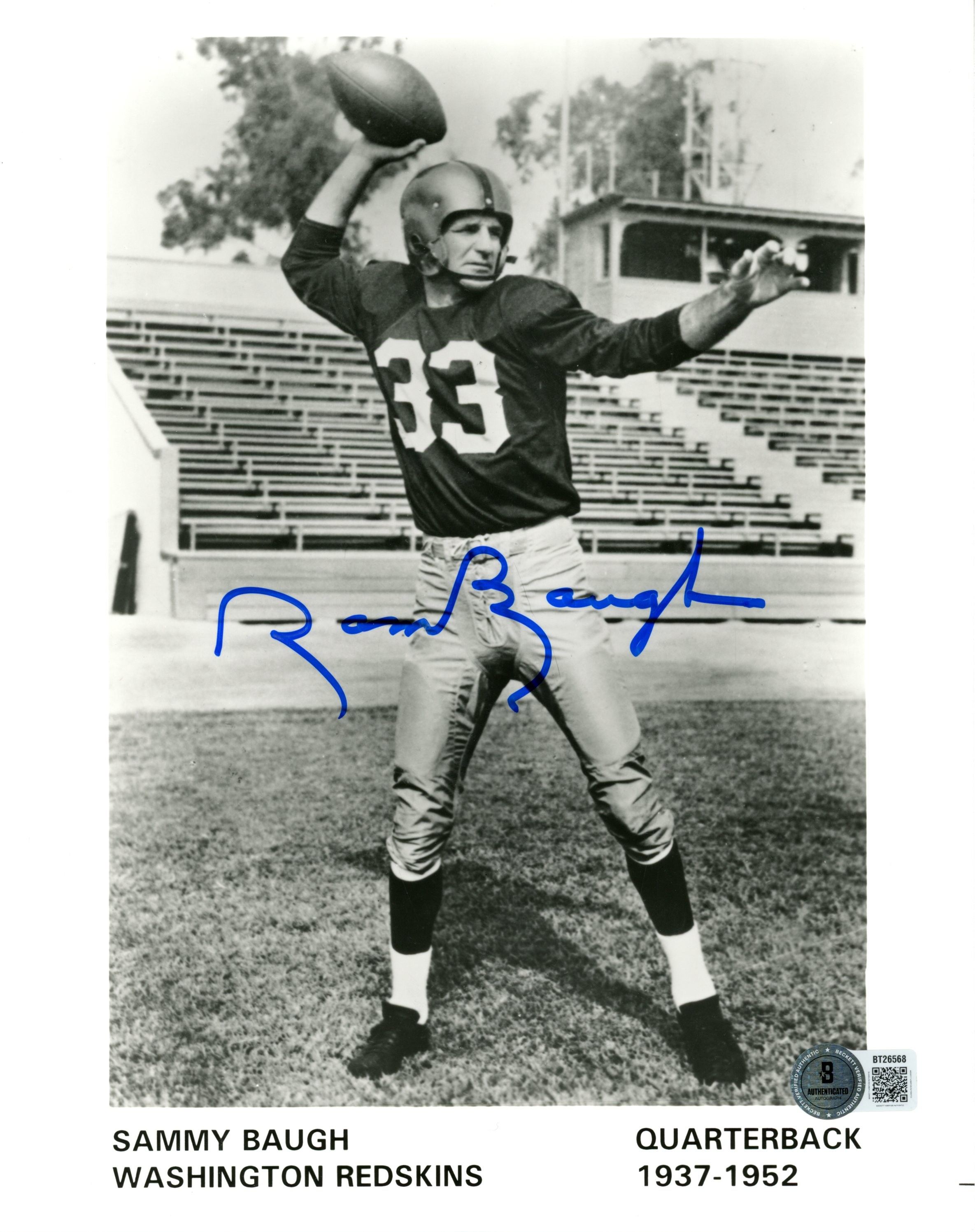 Sammy Baugh Autographed/Signed Washington Redskins 8x10 Photo Beckett 56650