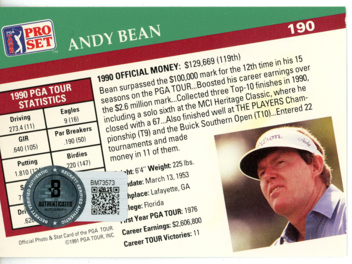 Andy Bean Autographed 1991 Pro Set #190 Trading Card Beckett 44833