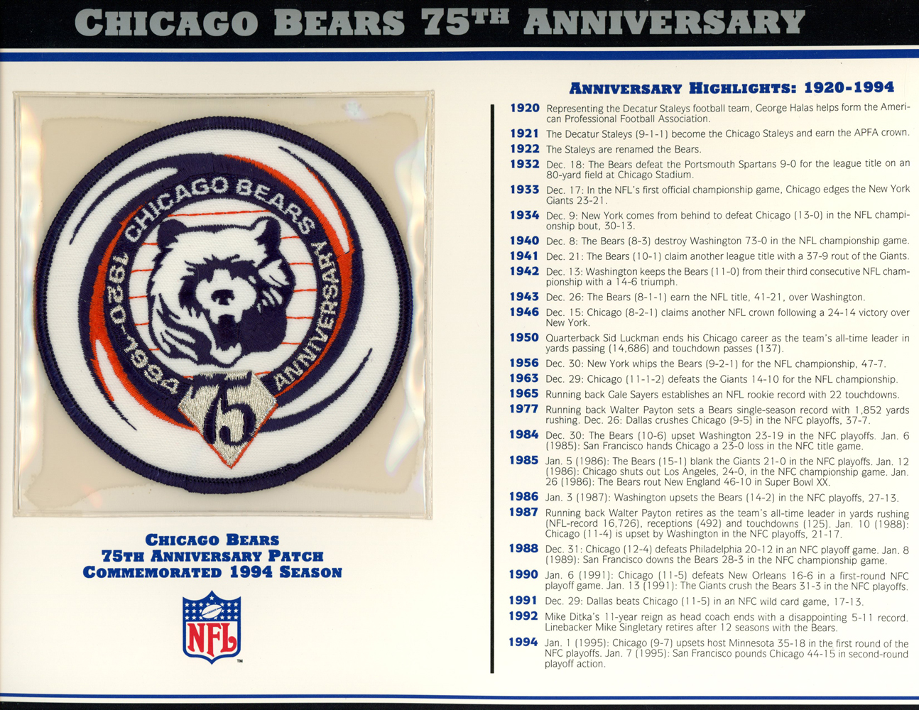 Chicago Bears 75th Anniversary Patch Stat Card Official Willabee & Ward
