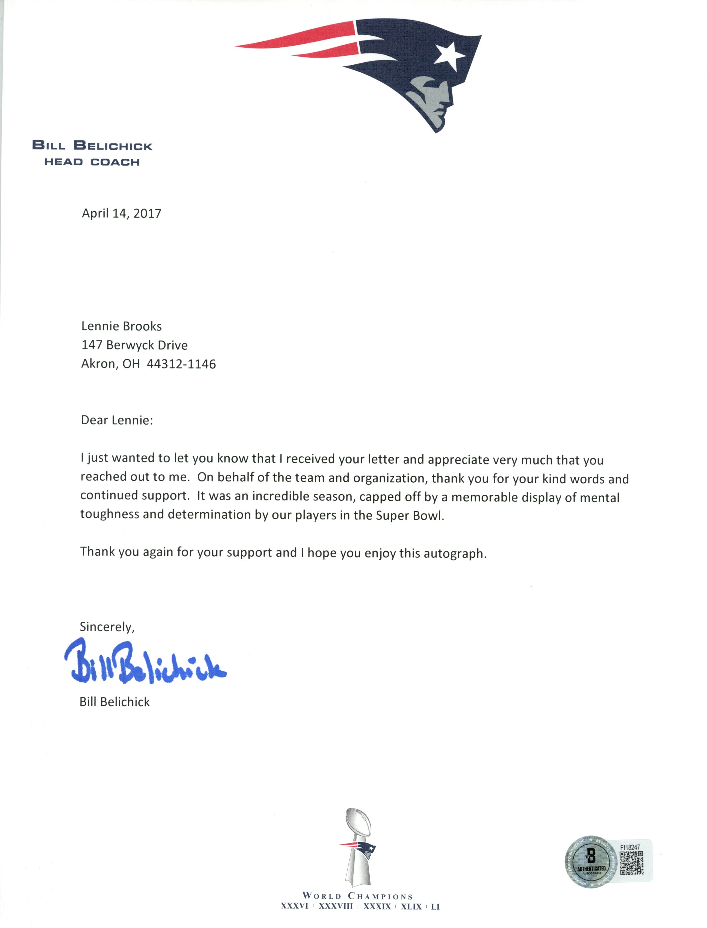 Bill Belichick Signed New England Patriots Team Letter Personalize Beckett 57245