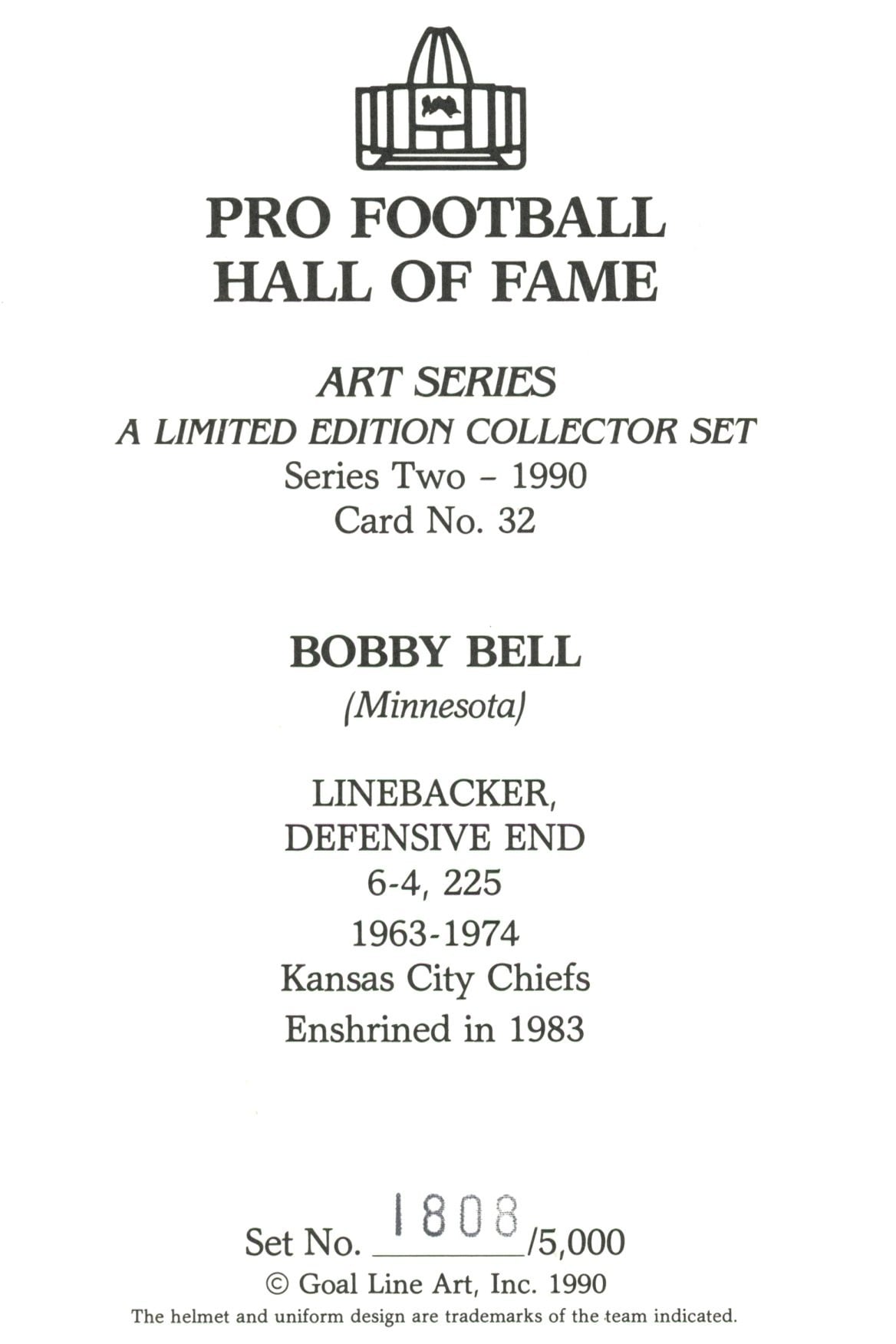Bobby Bell Kansas City Chiefs Goal Line Art Card Series 2 No Bobby Bell Kansas City Chiefs Goal Line Art Card Series 2 No. 32 LE /5000 58040