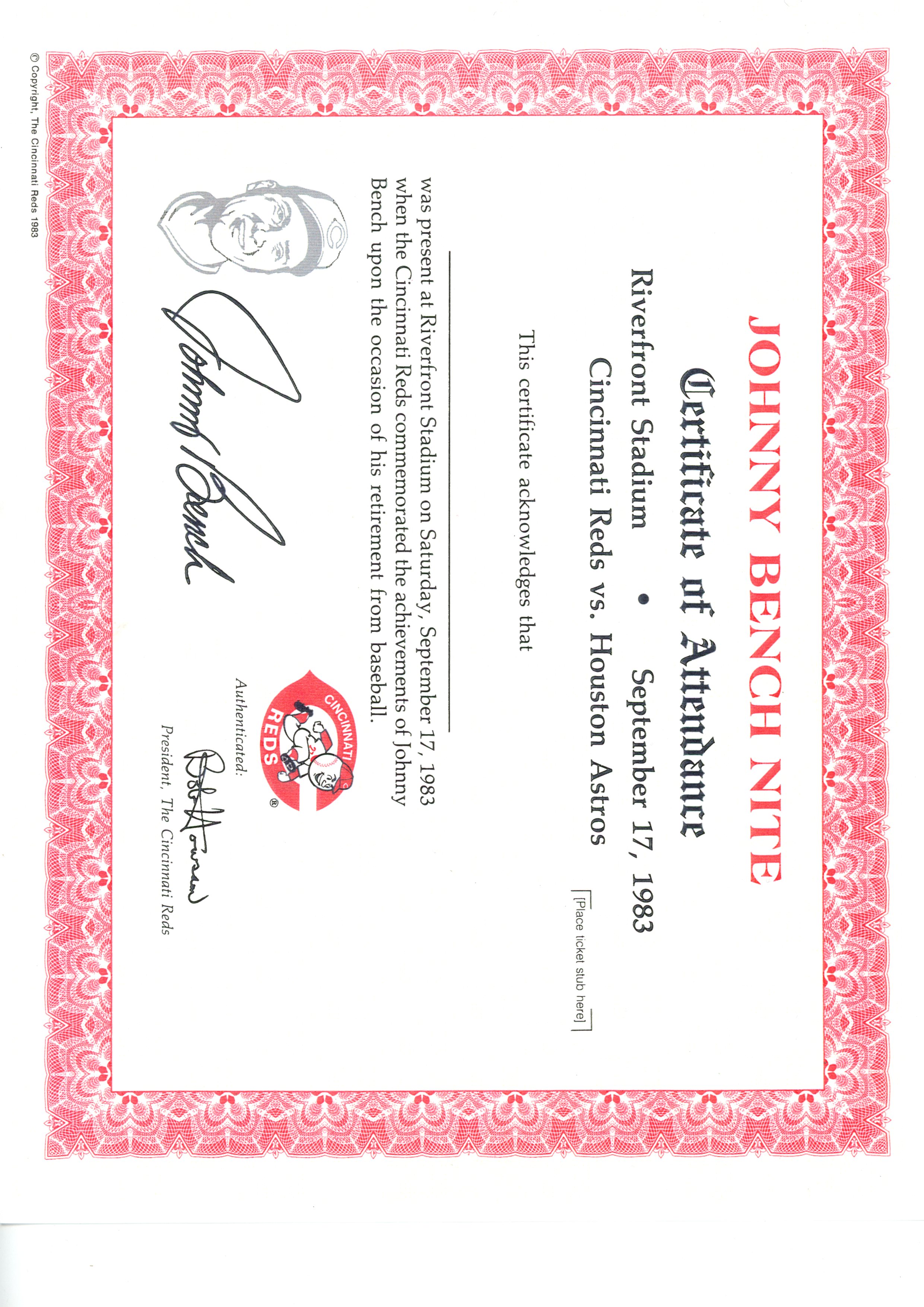 Johnny Bench Night Cincinnati Reds 9/17/1983 Retirement Certificate 56271