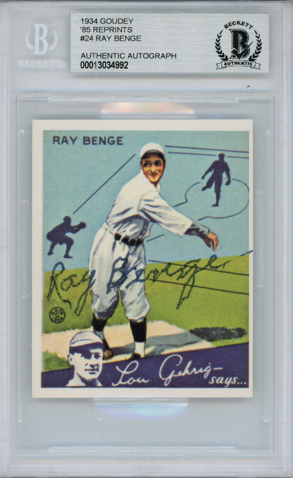 Ray Benge Autographed 1934 Goudey '85 Reprints #24 Card Beckett Slab