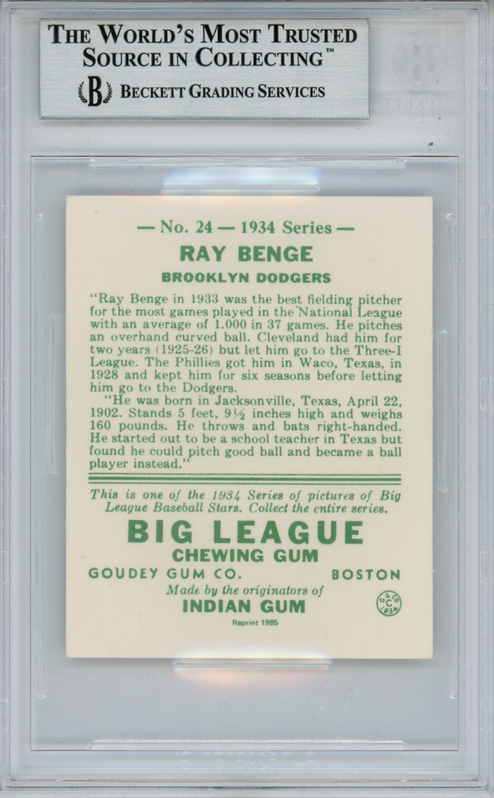 Ray Benge Autographed 1934 Goudey '85 Reprints #24 Card Beckett Slab