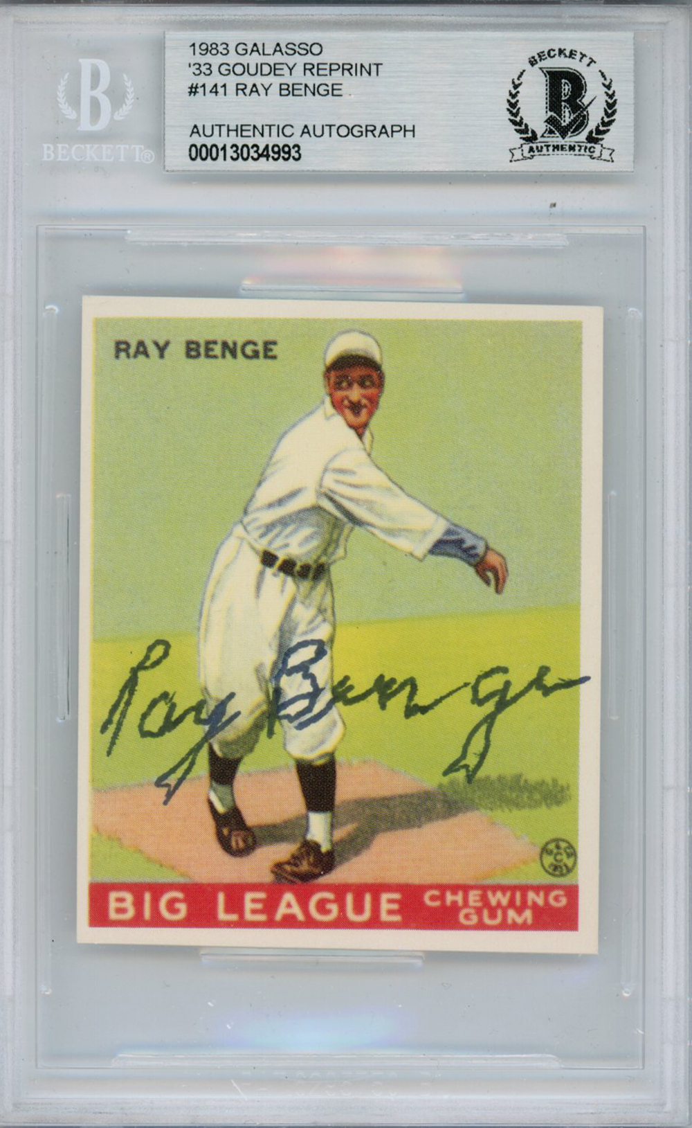 Ray Benge Signed 1983 Galasso '33 Goudey Reprint #141 Card Beckett Slab