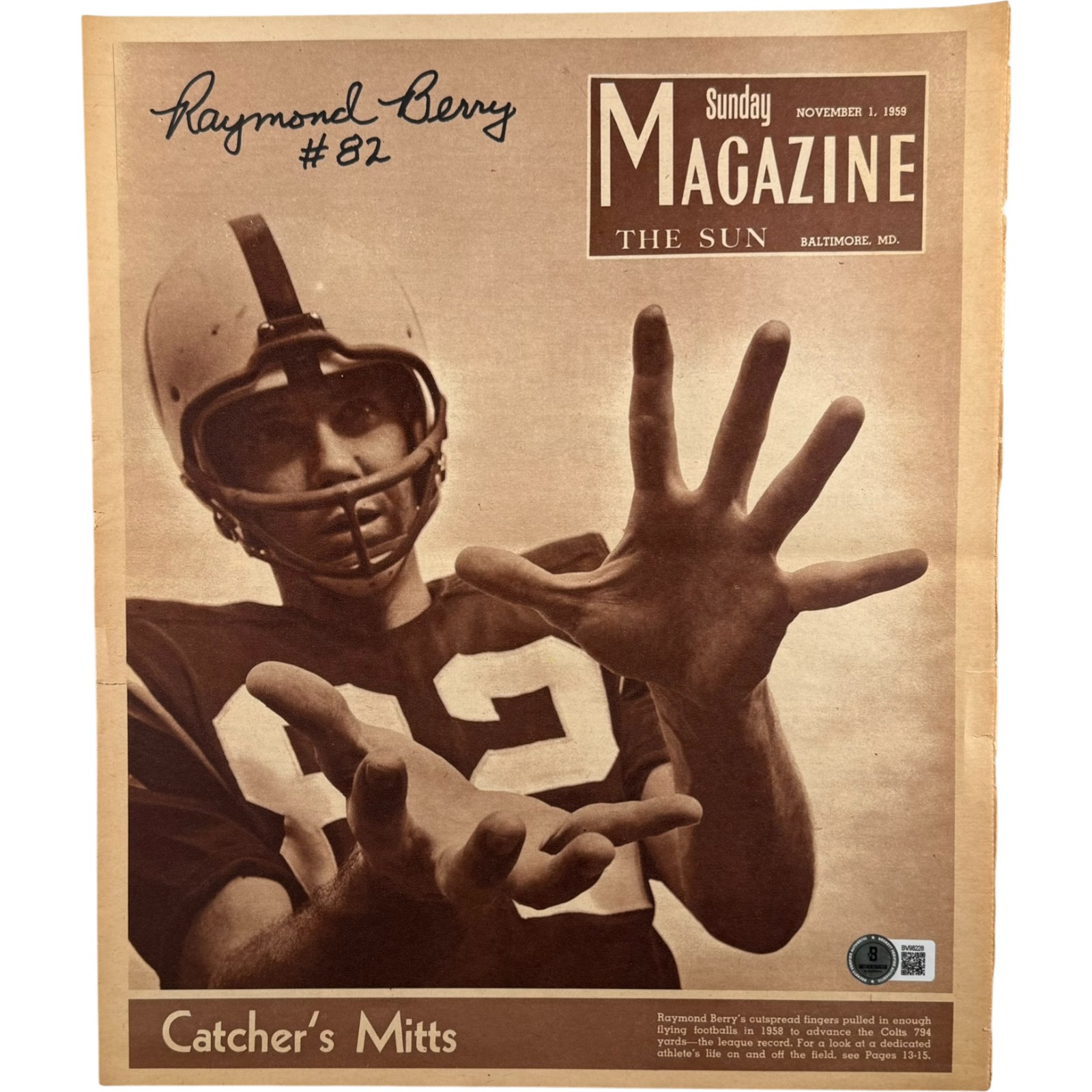 Raymond Berry Autographed Baltimore Colts 1959 The Sun Magazine Beckett 55008