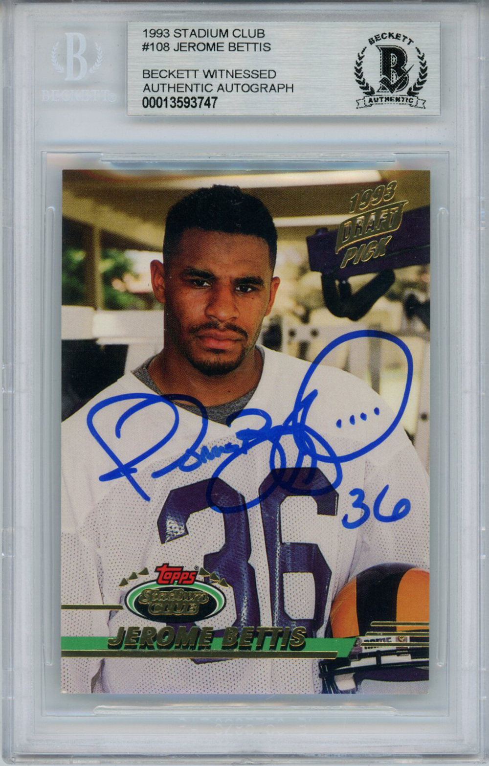 Jerome Bettis Autographed 1993 Stadium Club #108 Rookie Card Beckett Slab