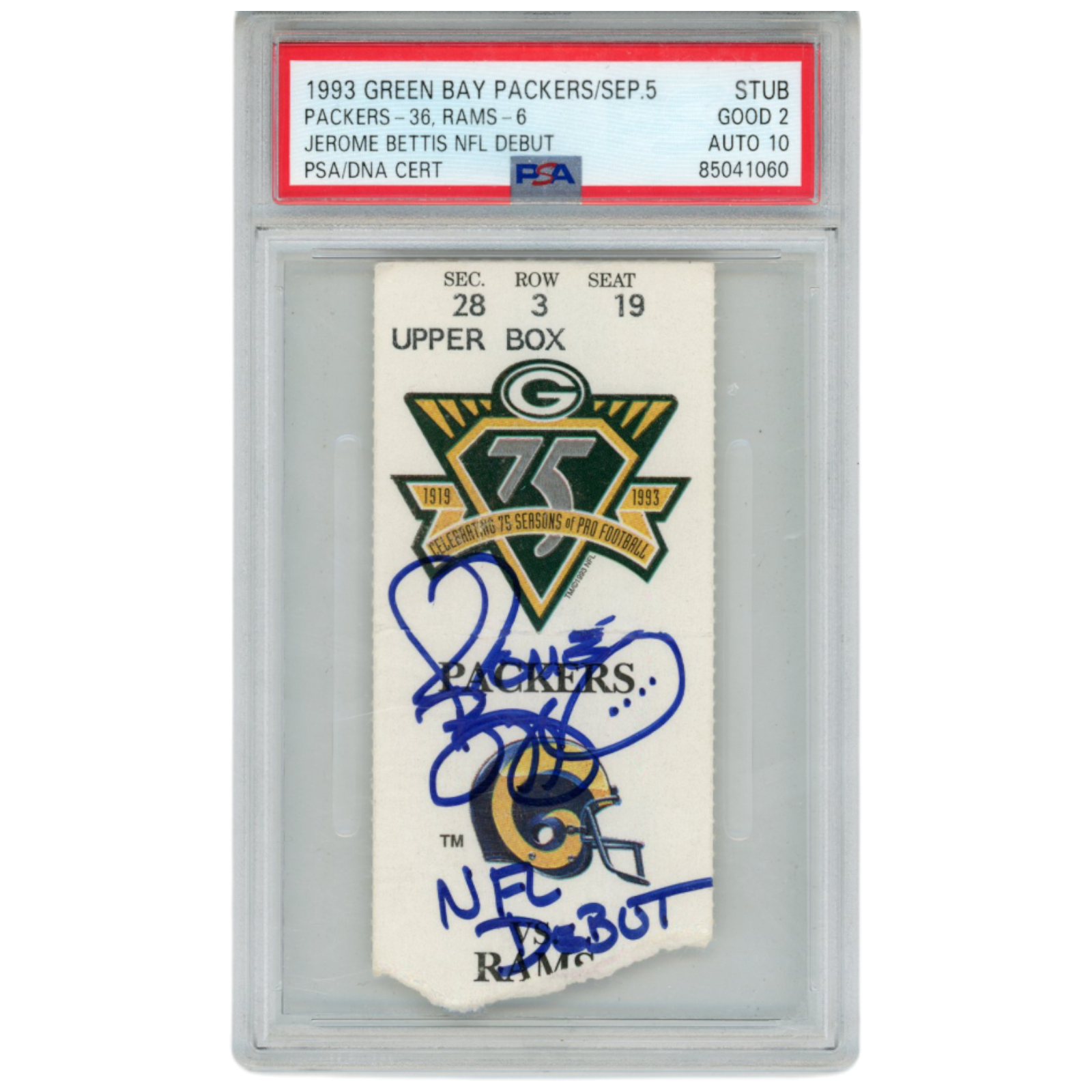 Jerome Bettis Autographed Los Angeles Rams NFL Debut Ticket Slab PSA 59405