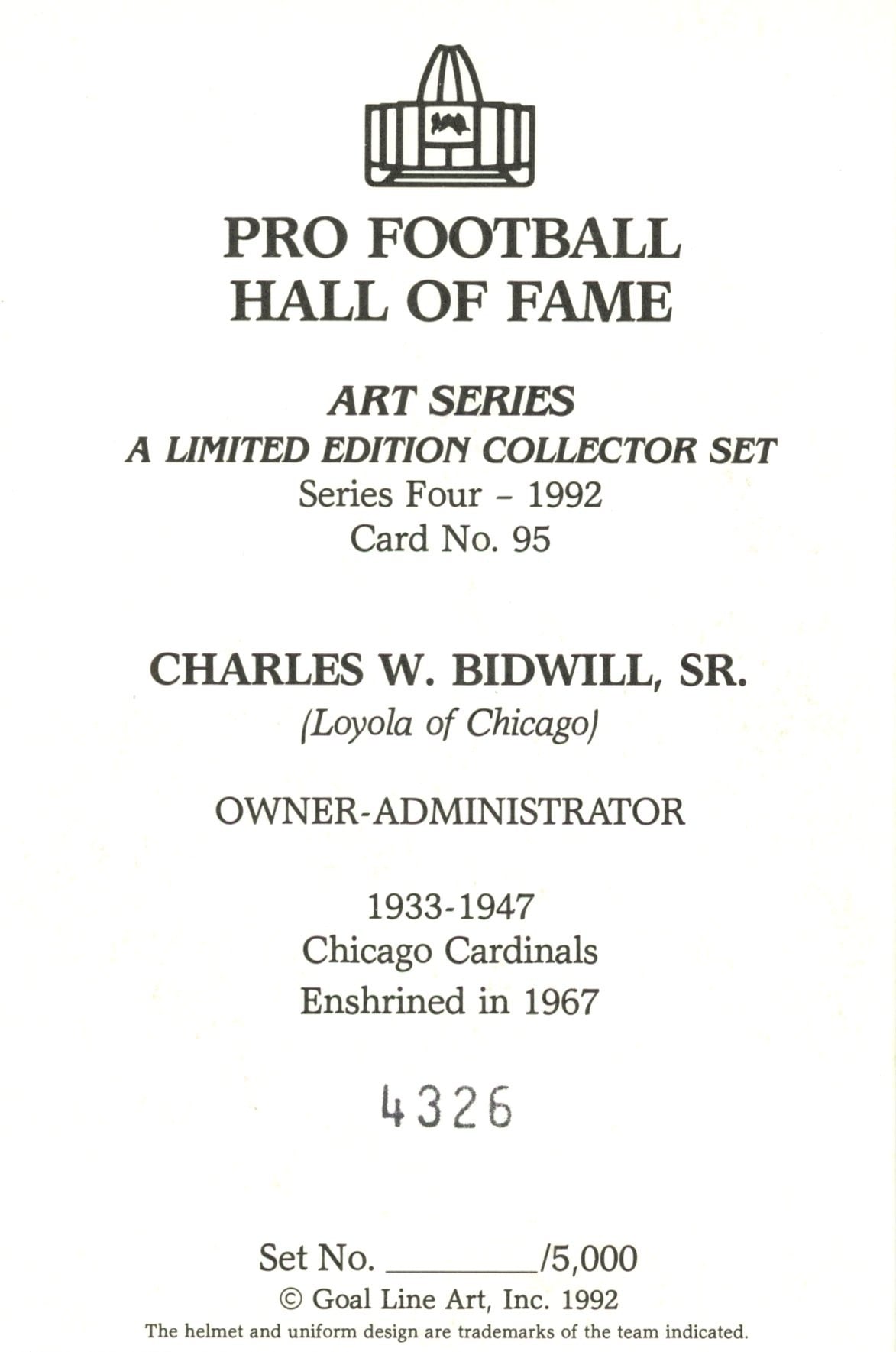 Charles Bidwell Sr. Chicago Cardinals Goal Line Art Card No Charles Bidwell Sr. Chicago Cardinals Goal Line Art Card No. 95 /5000 58041