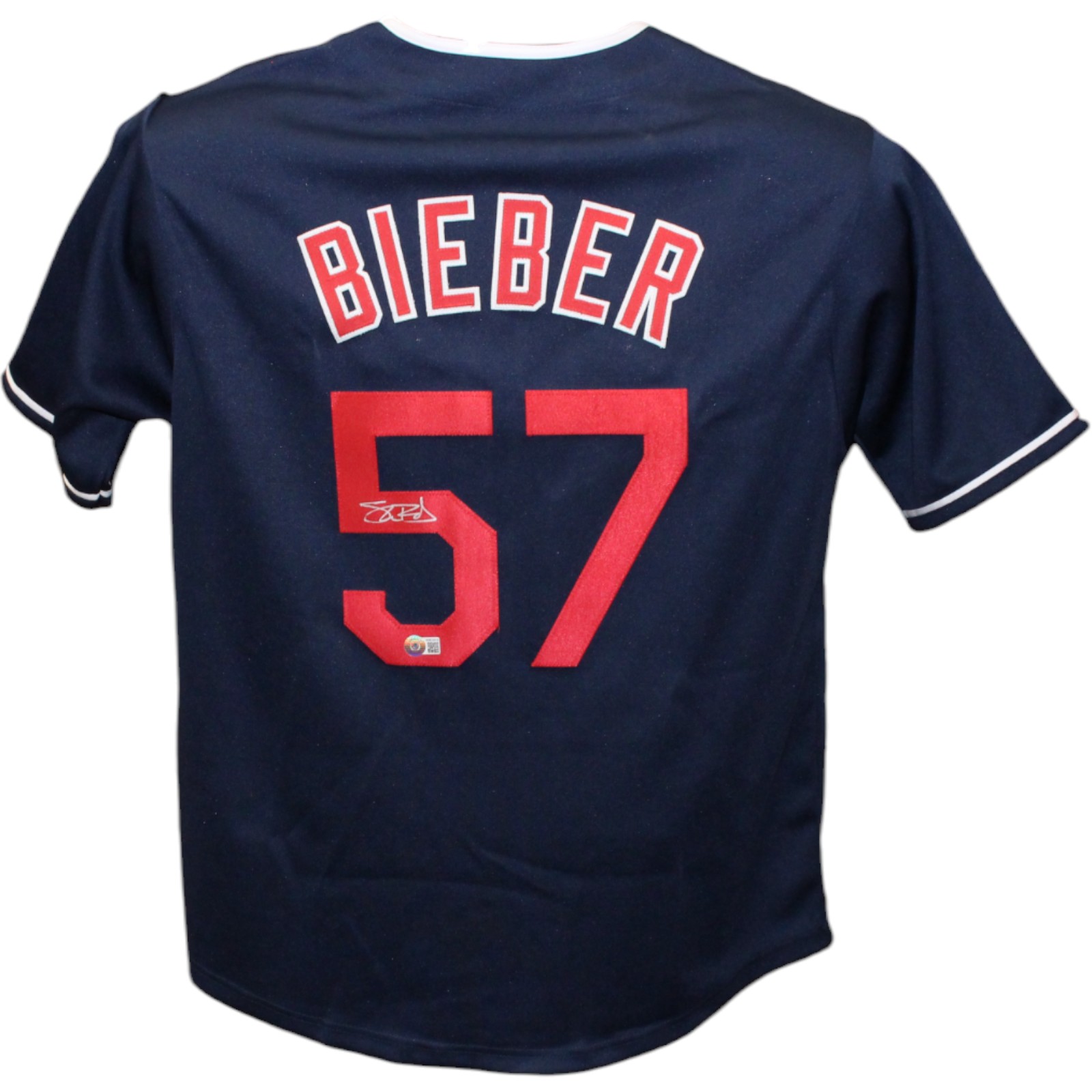 Shane Bieber Autographed/Signed Pro Style Blue Jersey Beckett 