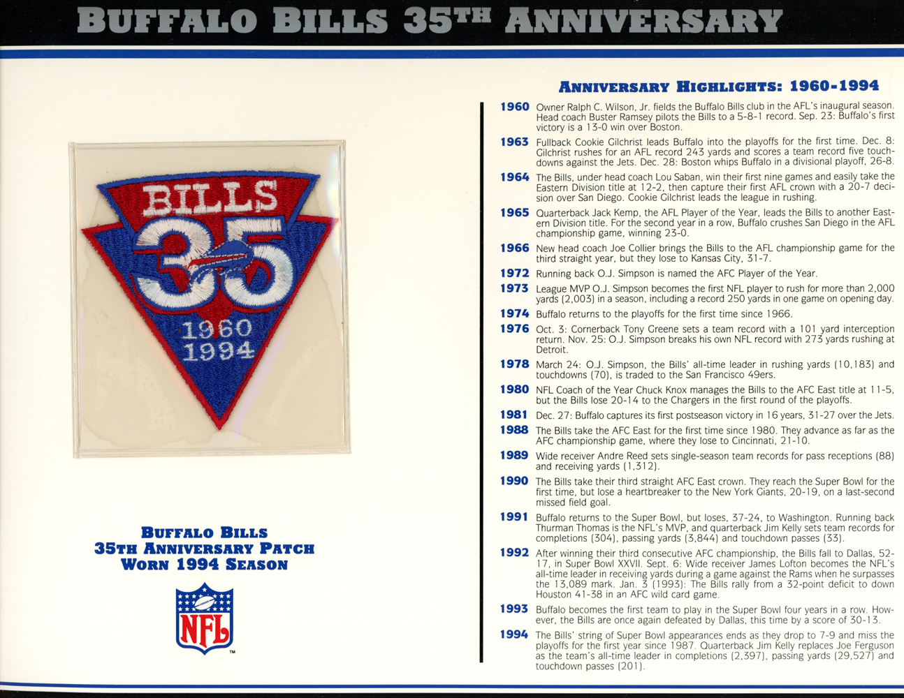 Buffalo Bills 35th Anniversary Patch Stat Card Official Willabee & Ward