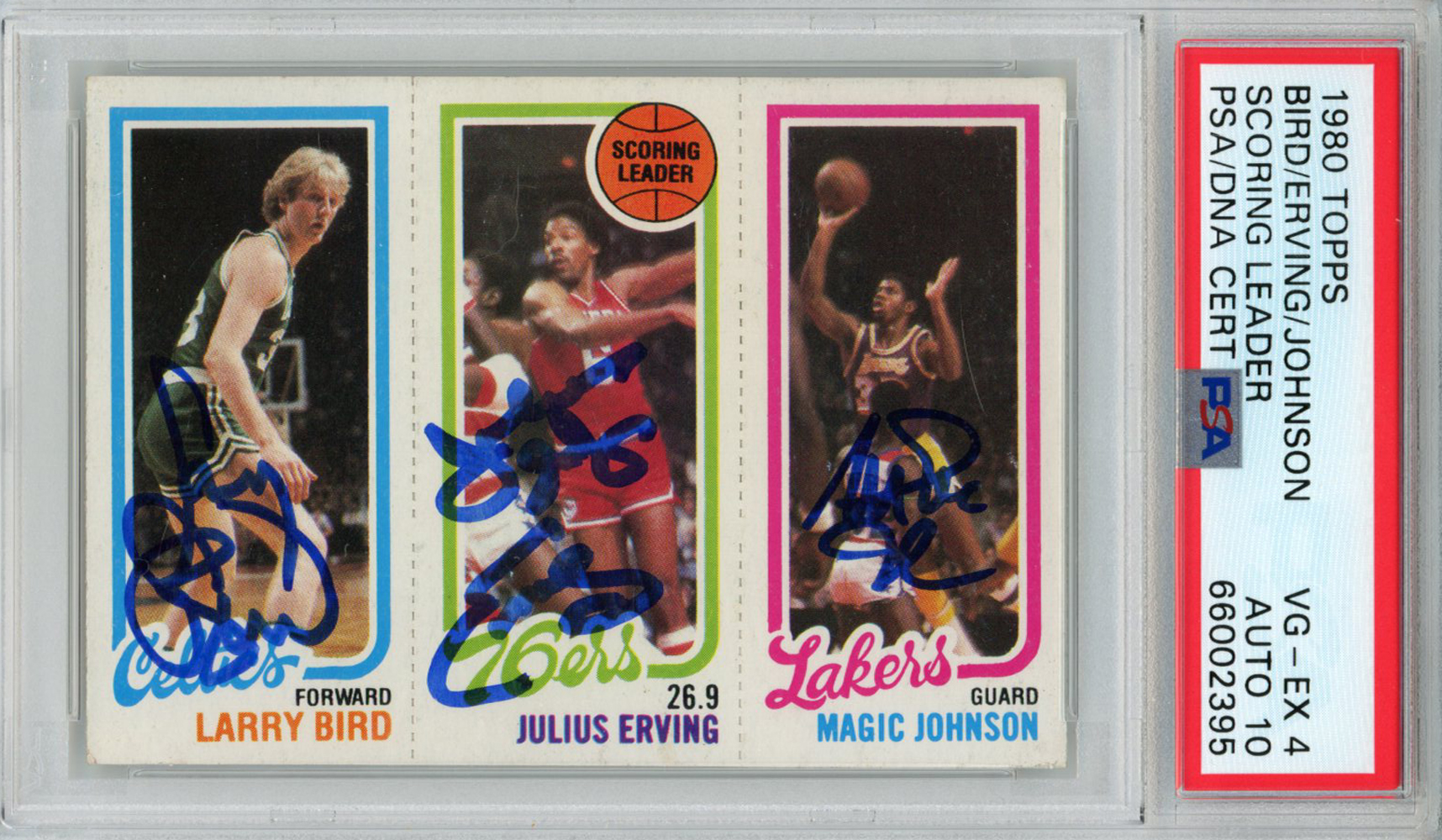 Larry Bird, Magic Johnson, Julius Erving Signed 1980 Topps PSA 4 Auto 10 Slab