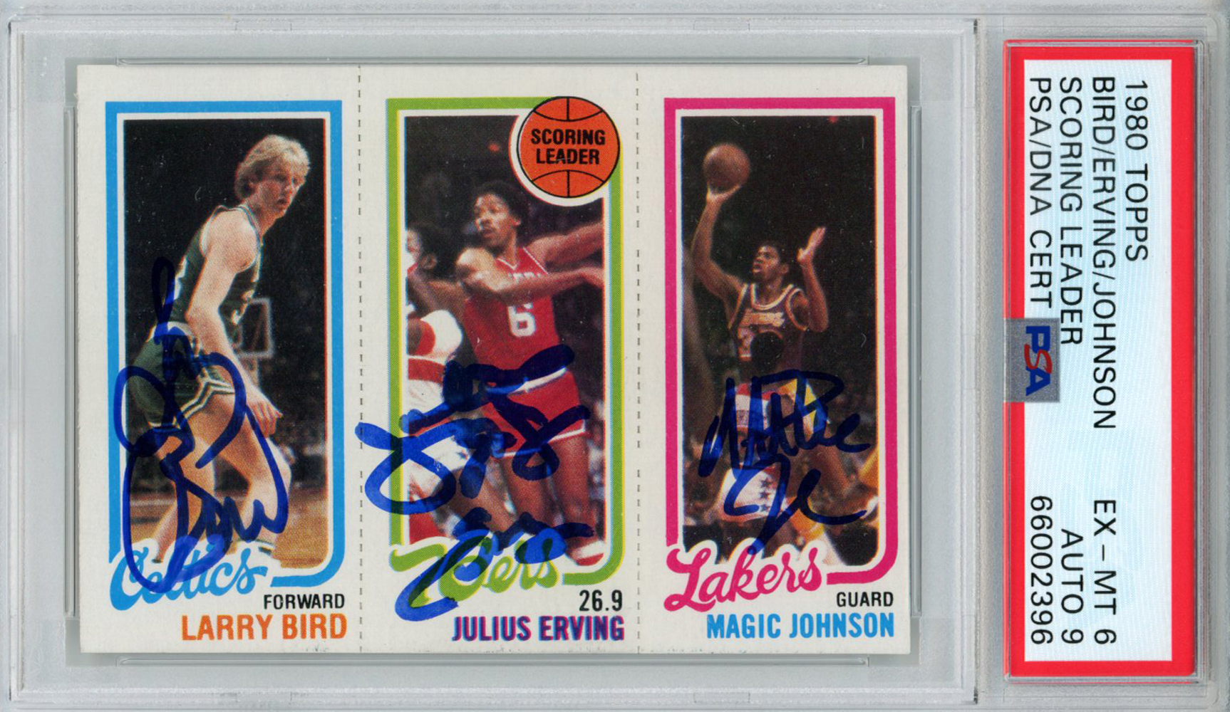 Larry Bird, Magic Johnson, Julius Erving Signed 1980 Topps PSA 6 Auto 9 Slab