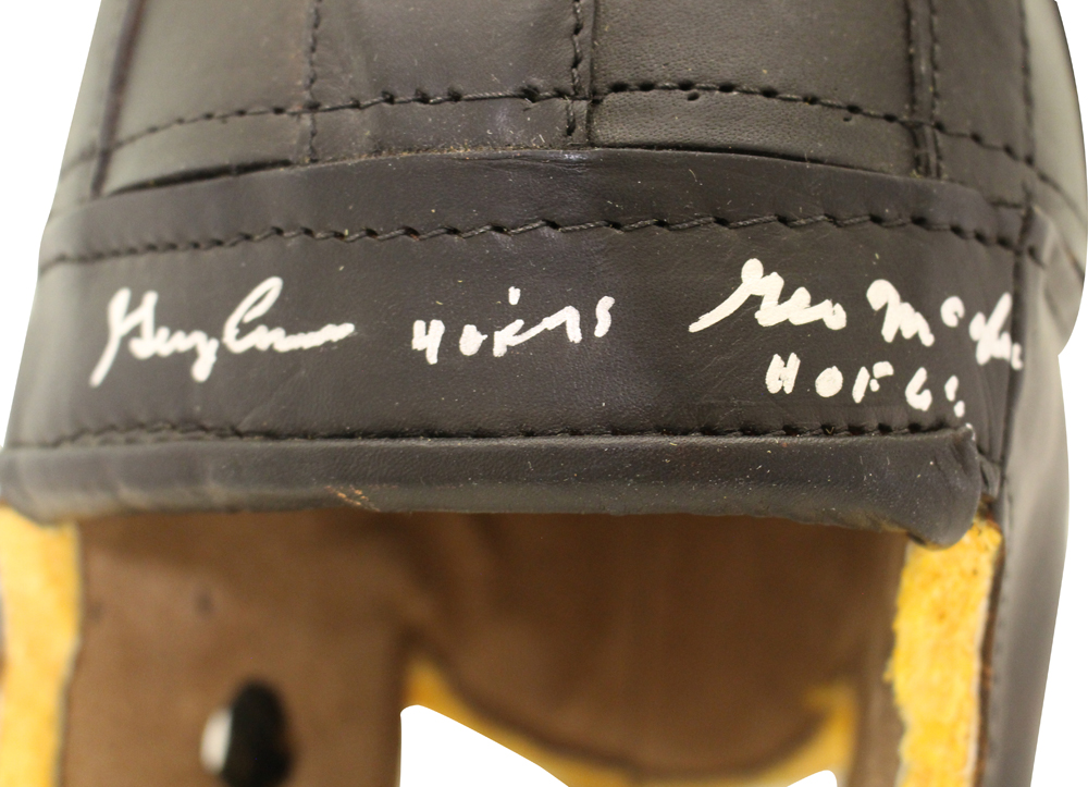 George McAfee & George Connor Signed F/S Black Leather Helmet JSA