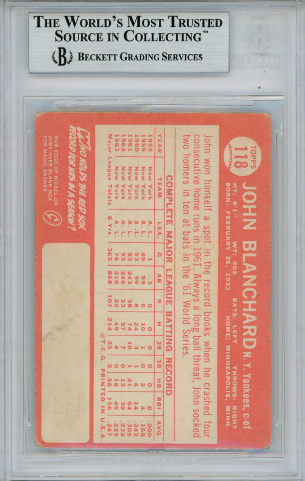 Johnny Blanchard Autographed 1964 Topps #18 Trading Card Beckett Slab