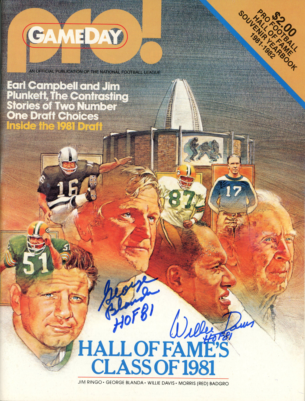 George Blanda & Willie Davis Signed 1981-82 Pro! Hall Of Fame Magazine BAS