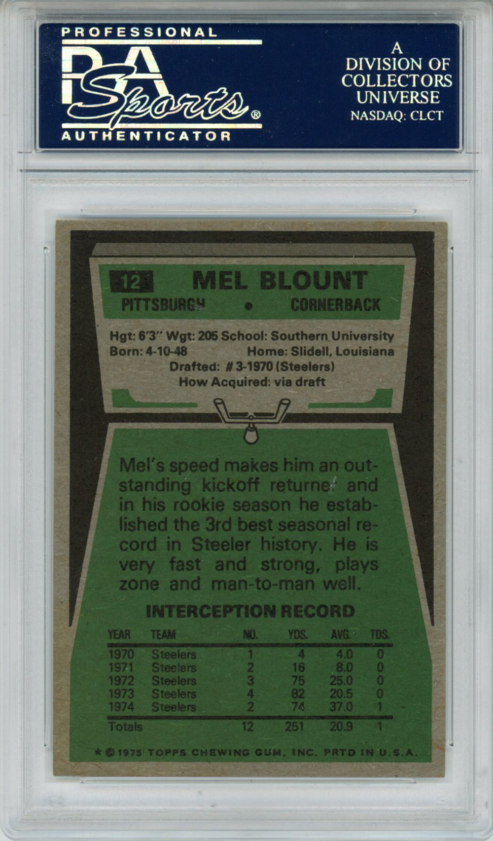 Mel Blount Autographed 1975 Topps #12 Trading Card PSA Slab
