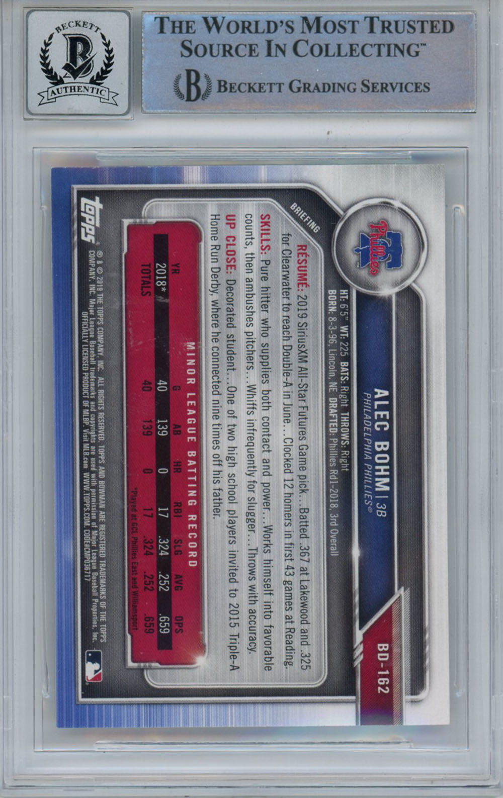 Alec Bohm Autographed 2019 Bowman Draft #BD162 Beckett 10 Slab