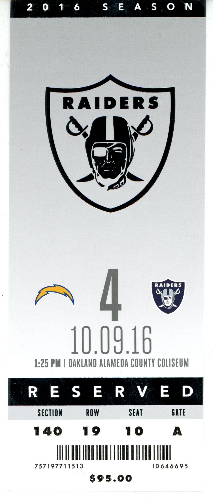 Joey Bosa San Diego Chargers v. Oakland Raiders NFL Debut 10/9/2016 Ticket 56109