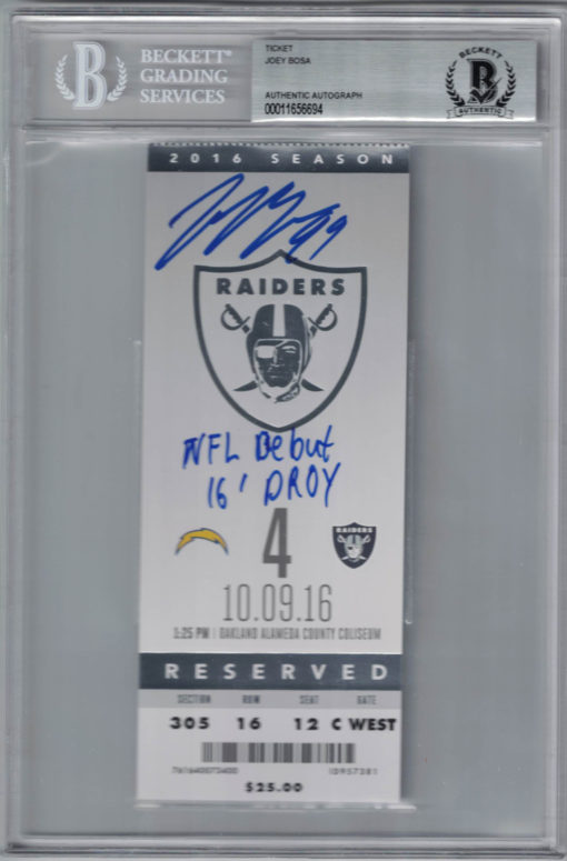 Joey Bosa Autographed San Diego Chargers Ticket NFL Debut & DROY BAS Slab 25218