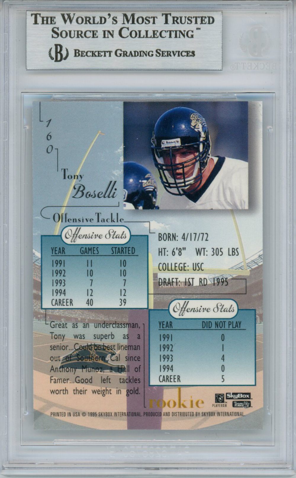 Tony Boselli Autographed 1995 Skybox Premium #160 Rookie Card BAS Slab