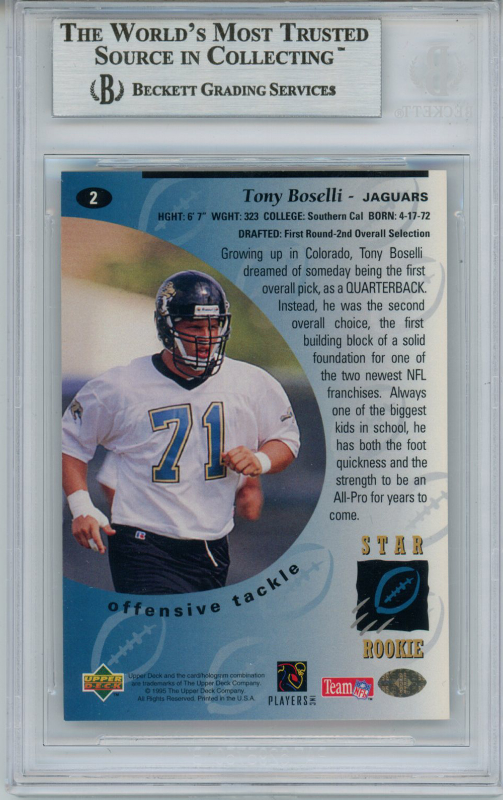Tony Boselli Autographed 1995 Upper Deck #2 Rookie Trading Card BAS Slab