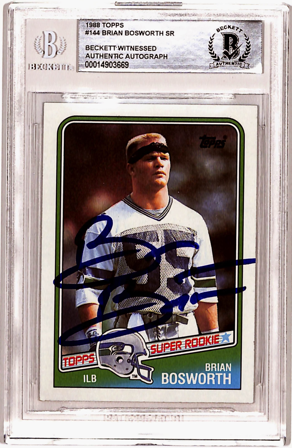 Brian Bosworth Autographed 1988 Topps #144 Rookie Card Beckett Slab