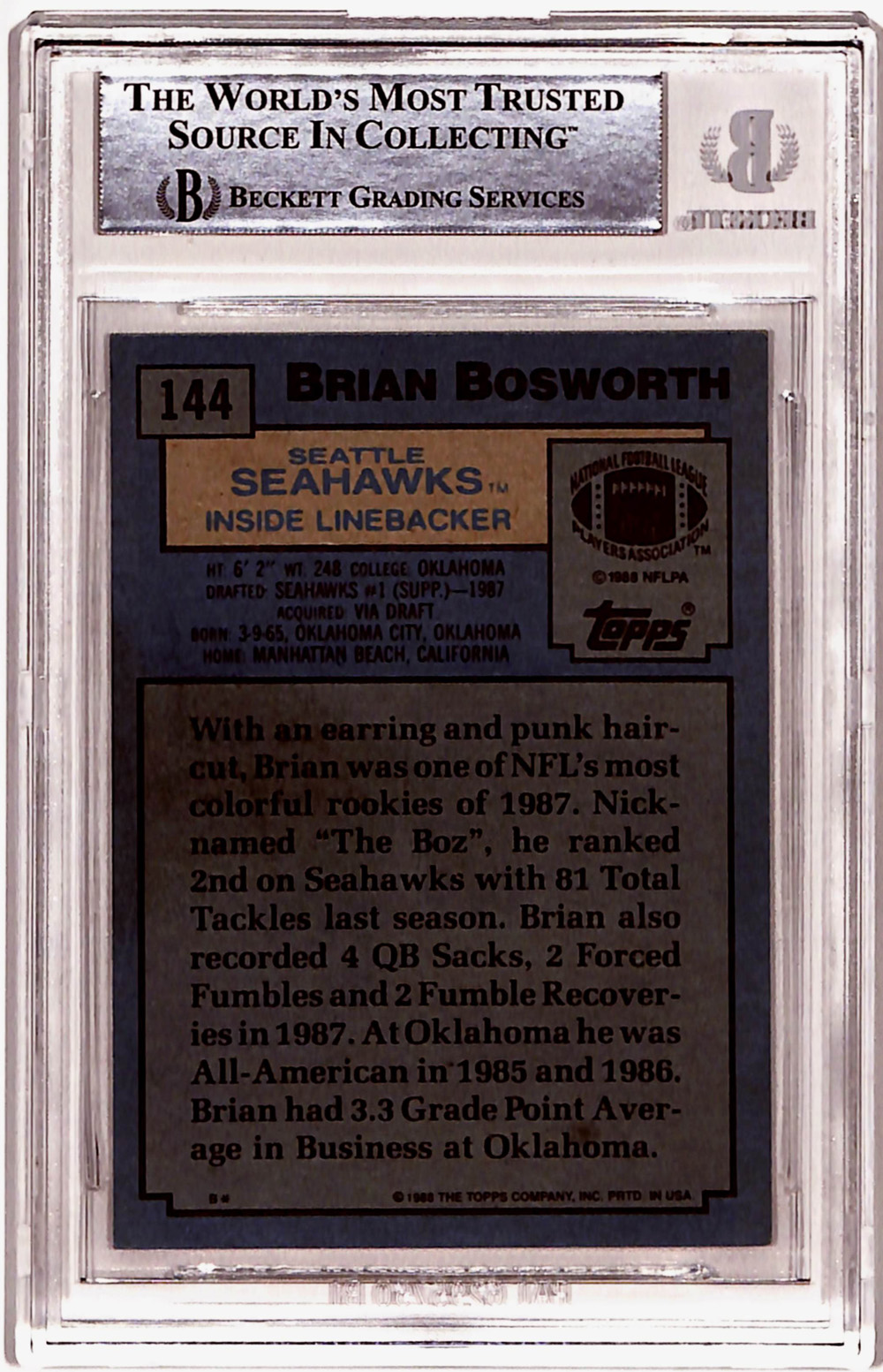 Brian Bosworth Autographed 1988 Topps #144 Rookie Card Beckett Slab