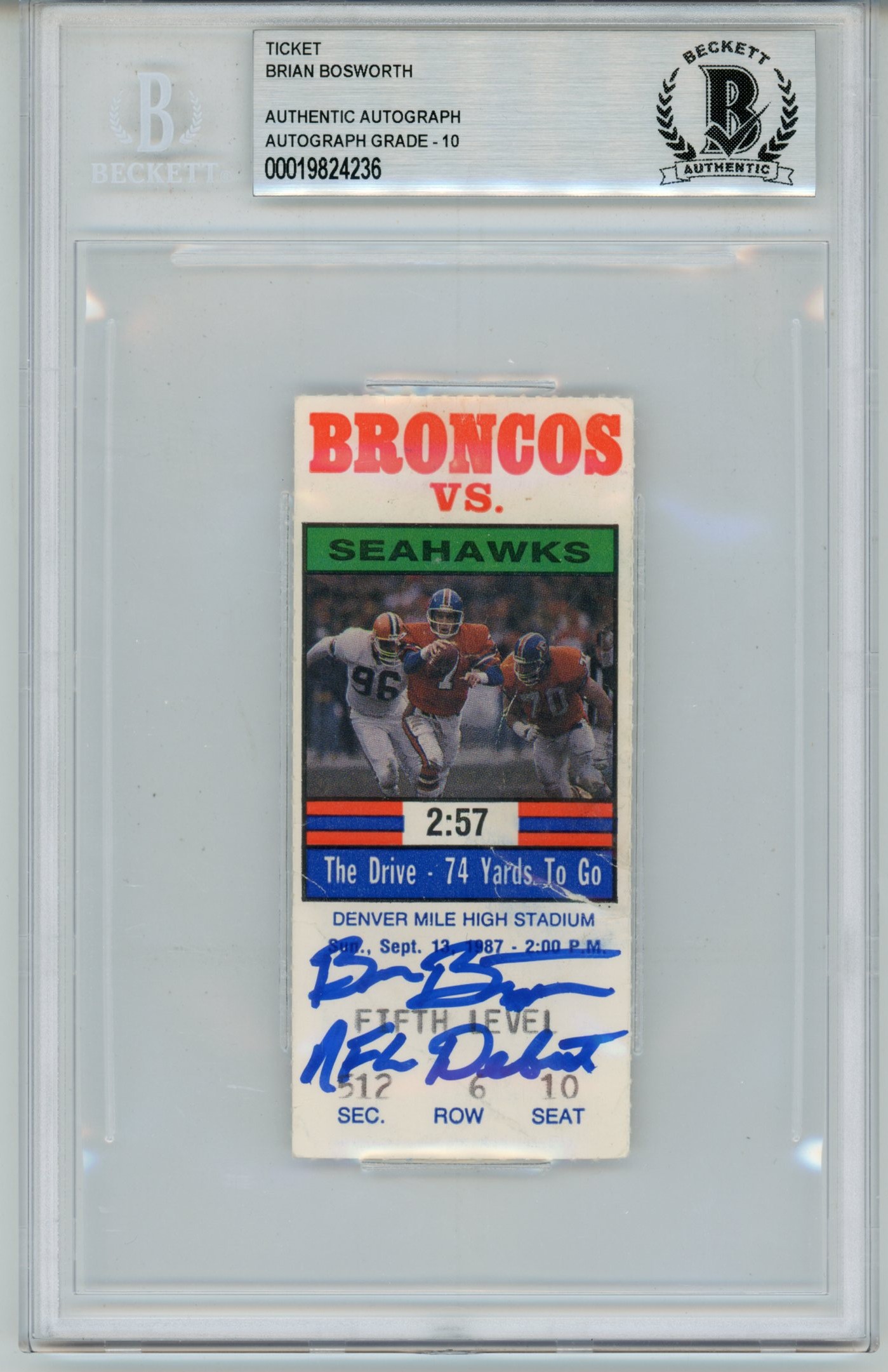 Brian Bosworth Signed Seattle Seahawks 9/13/87 NFL Debut Ticket Beckett 57045