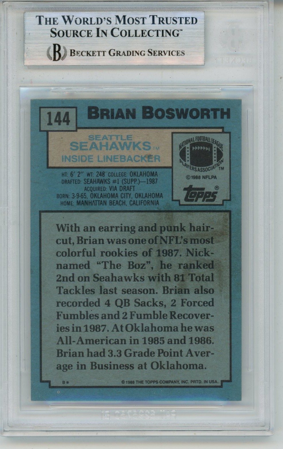 Brian Bosworth Autographed 1988 Topps #144 Trading Card Slab Beckett 57061 2 Brian Bosworth Autographed 1988 Topps #144 Trading Card Slab Beckett 57061