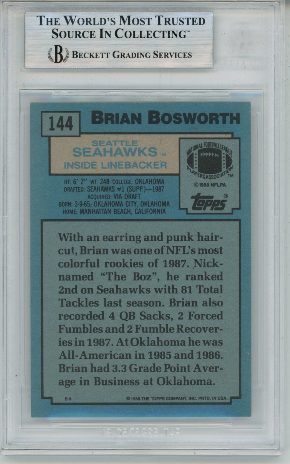 Brian Bosworth Autographed 1988 Topps #144 Trading Card Slab Beckett 57069 2 Brian Bosworth Autographed 1988 Topps #144 Trading Card Slab Beckett 57069