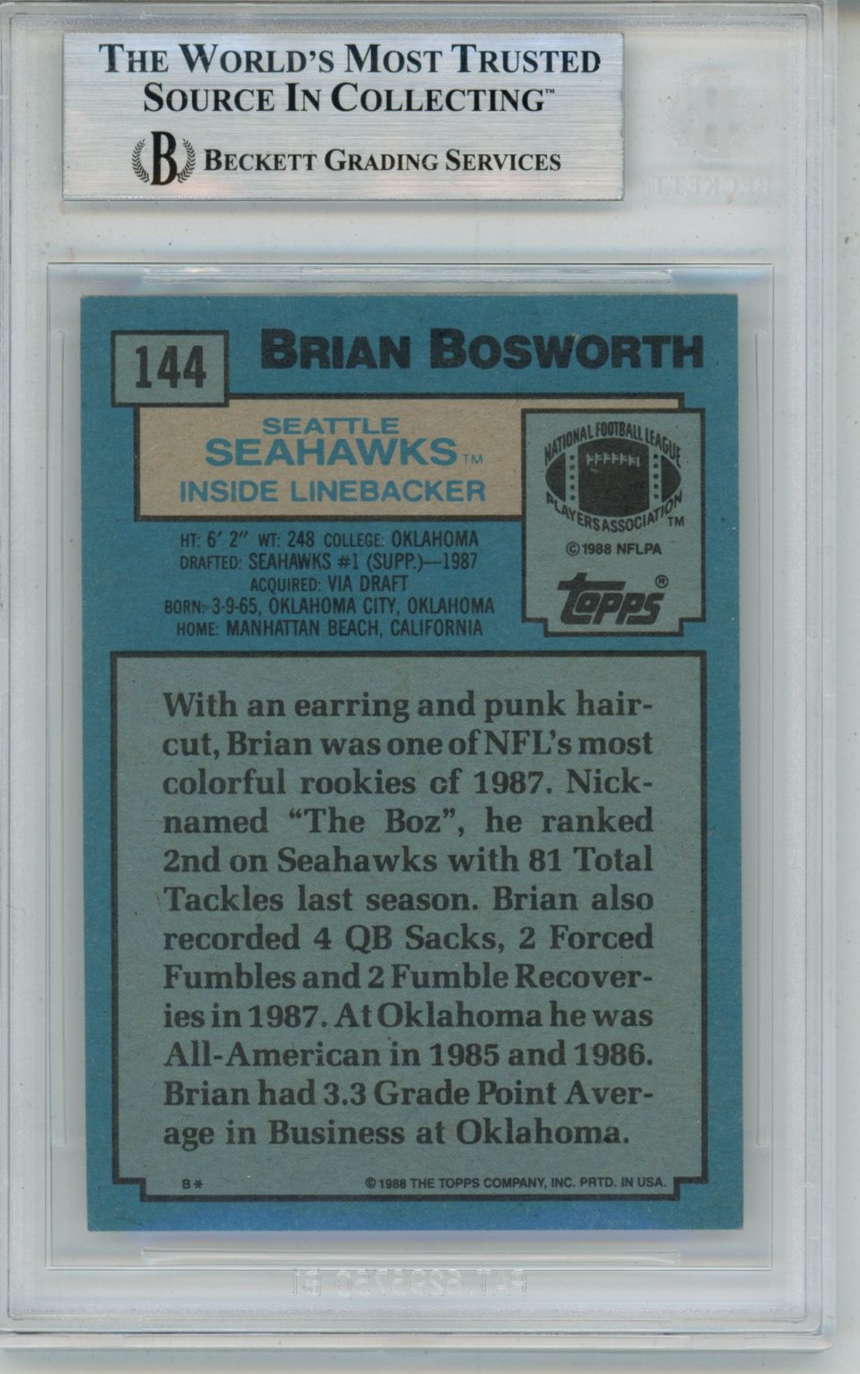 Brian Bosworth Autographed 1988 Topps #144 Trading Card Slab Beckett 57074 2 Brian Bosworth Autographed 1988 Topps #144 Trading Card Slab Beckett 57074