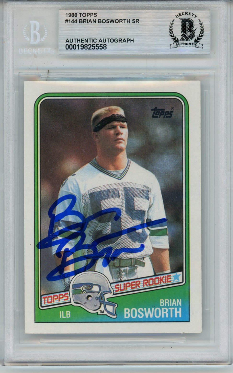 Brian Bosworth Autographed 1988 Topps #144 Trading Card Slab Beckett 57089
