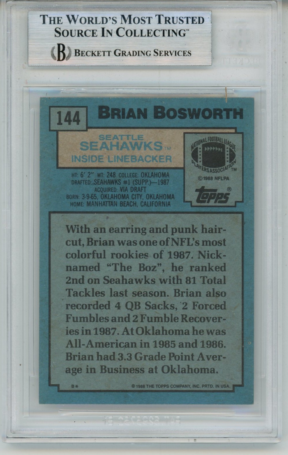 Brian Bosworth Autographed 1988 Topps #144 Trading Card Slab Beckett 57089 2 Brian Bosworth Autographed 1988 Topps #144 Trading Card Slab Beckett 57089