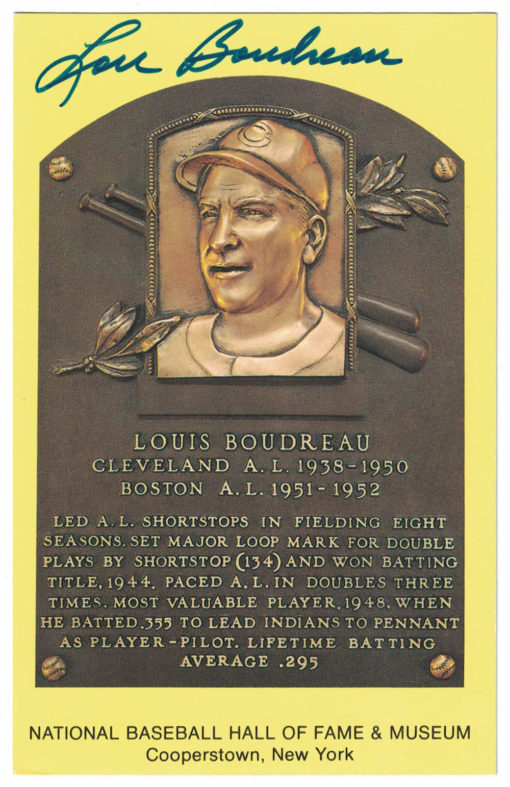 Lou Boudreau Autographed Cleveland Indians Hall Of Fame Plaque Postcard BAS 27062
