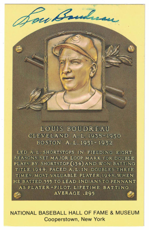 Lou Boudreau Autographed Cleveland Indians Hall Of Fame Plaque Postcard BAS 27064
